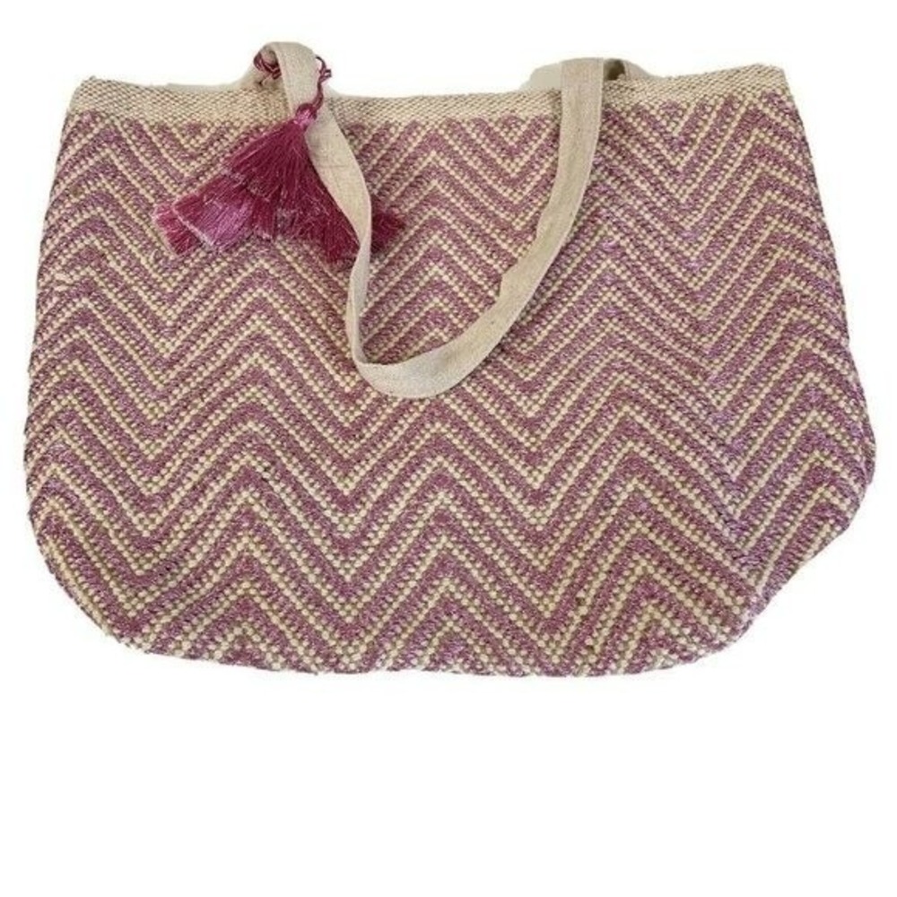 Ashiana Woven Chevron Tote Bag Large Multicolor Zig Zag Tassel Beach Summer